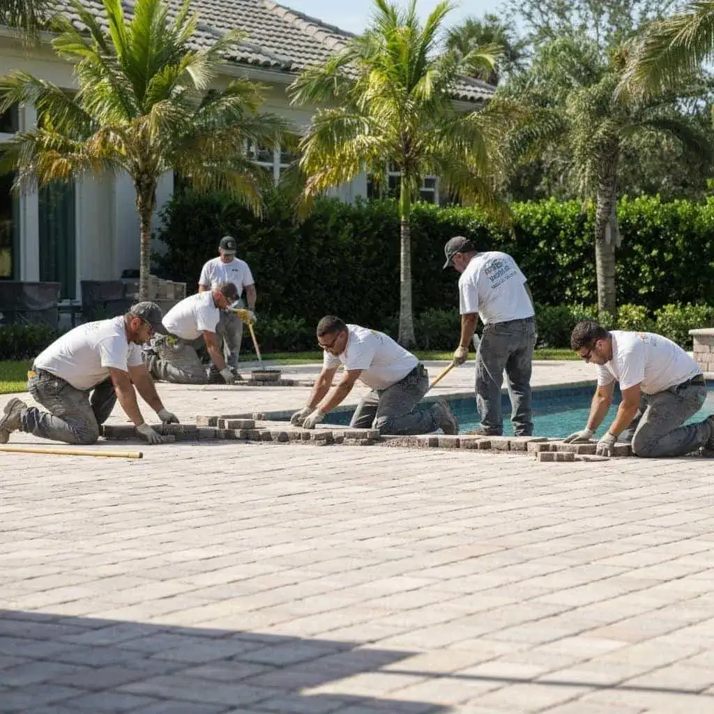 Craft Pavers crew installing travertine pavers in South Florida